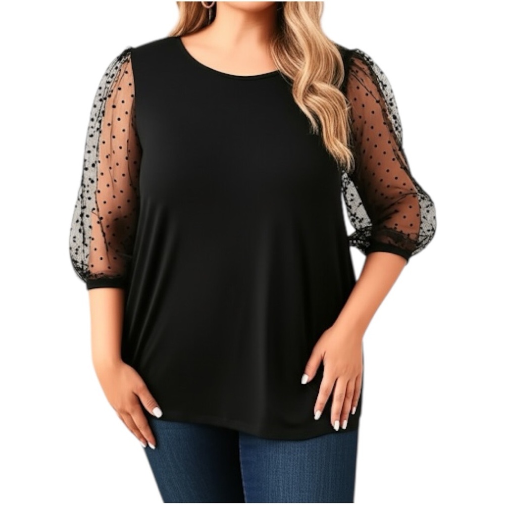 Kim & Cami Polka Dot Mesh Short Puff Sleeve Black Top Size 2X